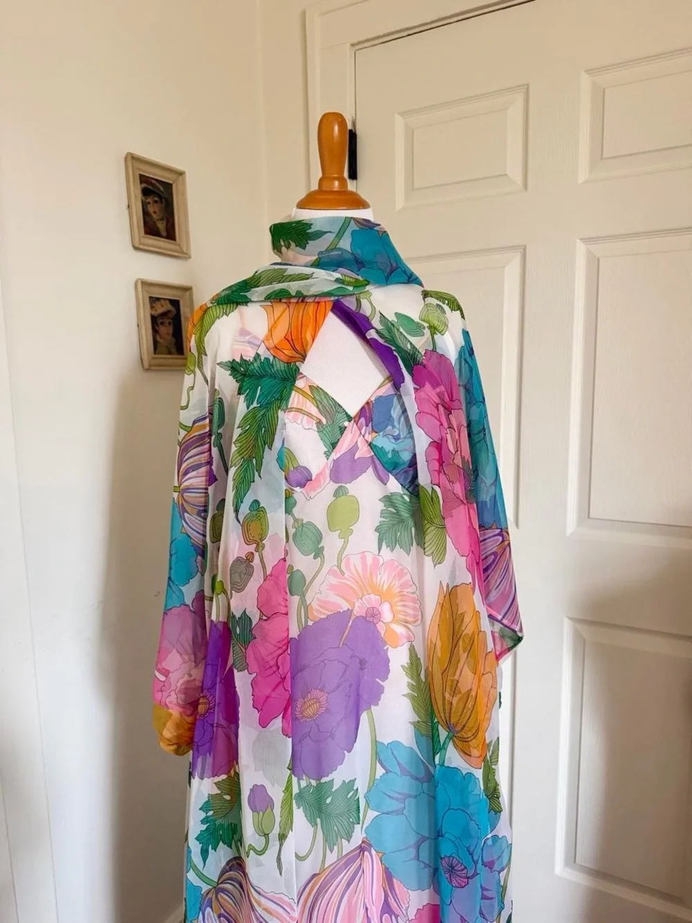 Dreamy Vintage 1970s Colorful Rainbow Floral Maxi Dress and Cape Set